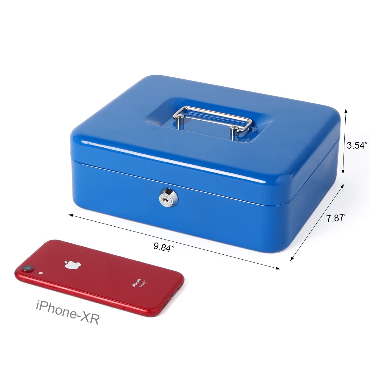 Lovndi Metal Cash Box with Money Tray & Lock - 9.84 x 7.87 x 3.54 Inches Blue Lockbox for Small Business, Home Office, Retail Store & Event Money Security