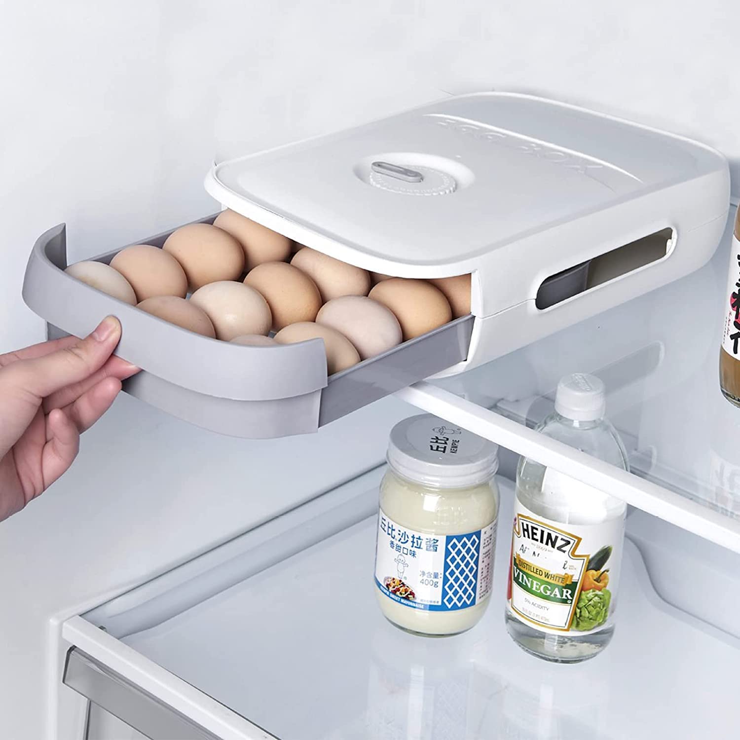 SKOFRI 18-Grid Refrigerator Egg Holder - BPA-Free Drawer-Style Egg Storage Container with Date Reminder - White Fridge Organizer for Fresh Eggs - Perfect for Kitchen Organization & Meal Prep
