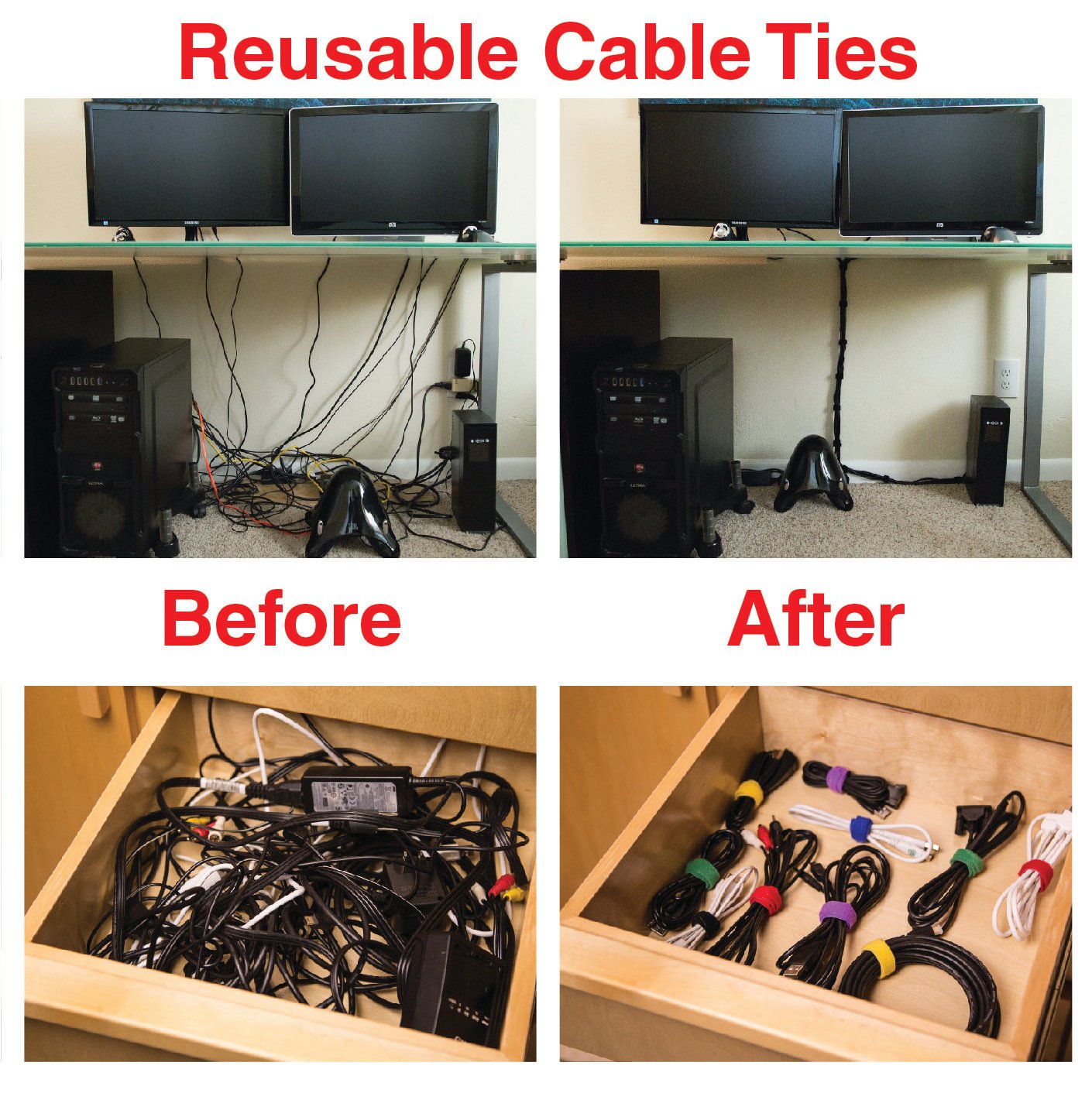 3M Adhesive Cable Clips - 50 Pack White Multipurpose Wire Clamps for Home & Office Cable Management, Cord Organization - Includes 10 Reusable Cable Ties - Perfect for Desk, TV, Computer & Router Wire Runs