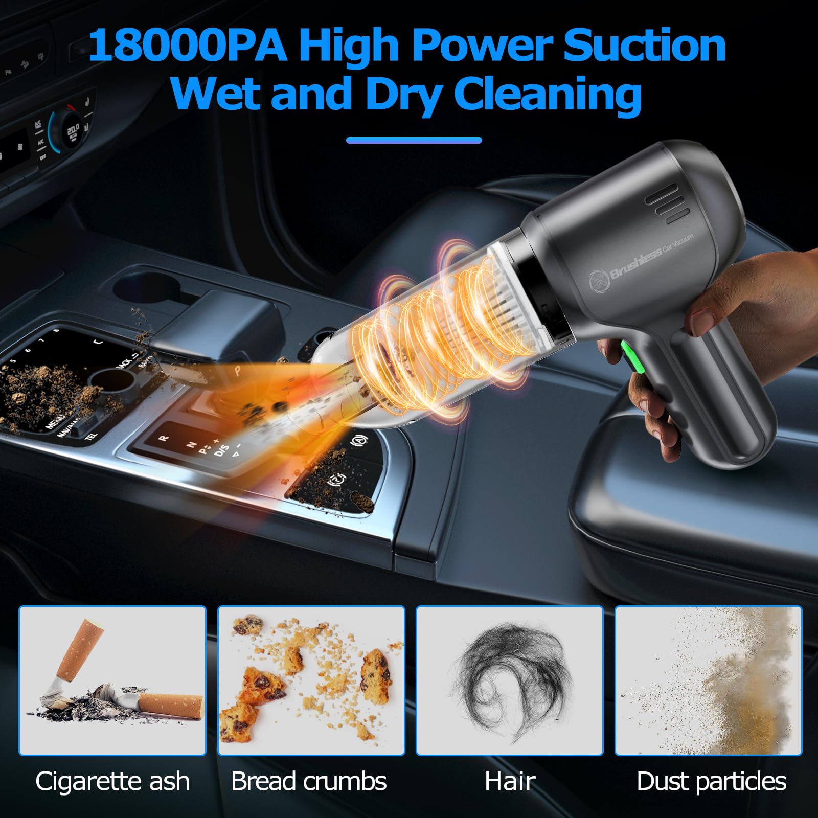 3-in-1 Portable Mini Car Vacuum Cleaner - 18000PA High Power Rechargeable Cordless Handheld Vacuum with Brushless Motor | Perfect for Car Detailing, Home Cleaning & Keyboard Dusting