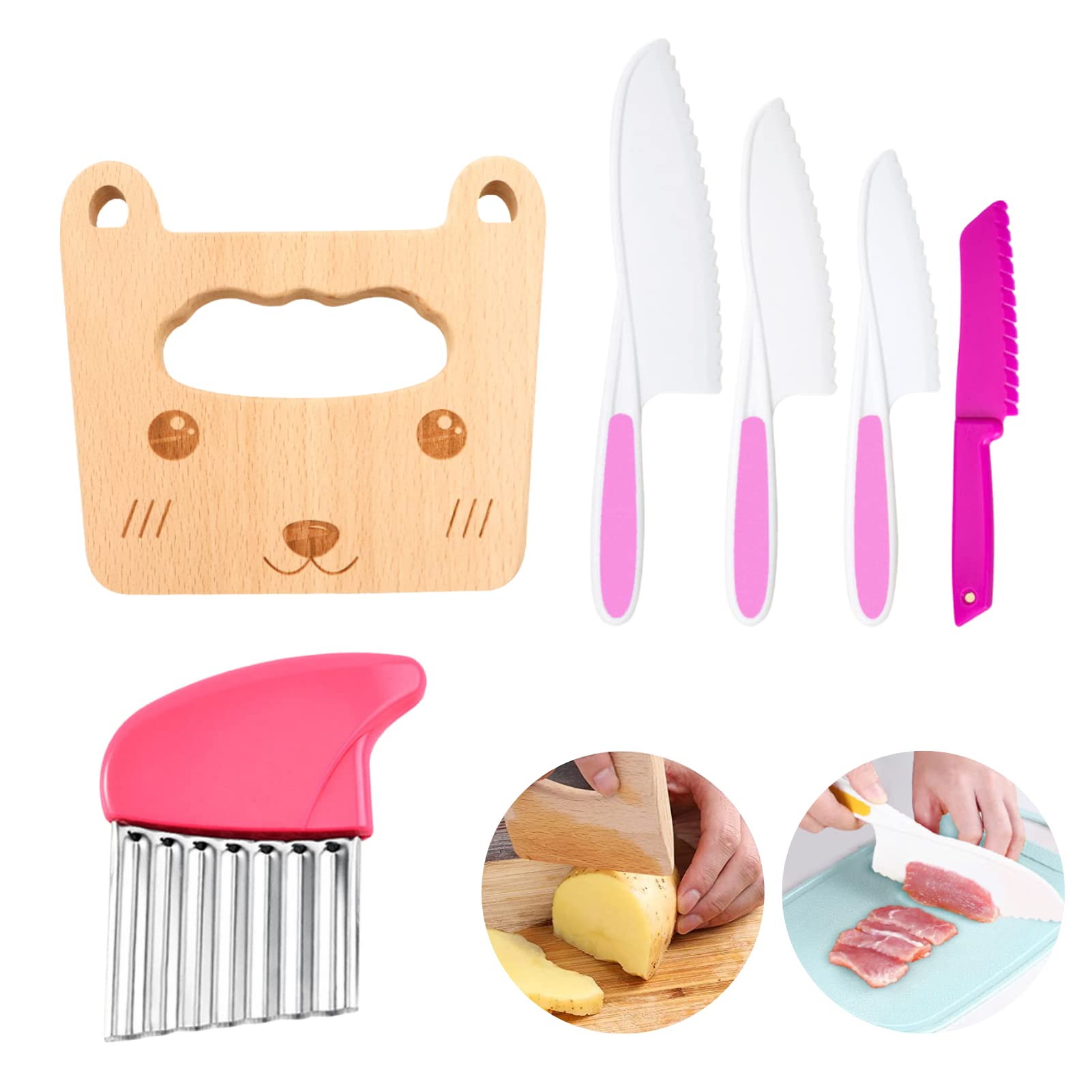 6-Piece Kids Wooden Knife Set for Real Cooking - Montessori Safe Kitchen Tools with Plastic Serrated Edges, Toddler Crinkle Cutter & Potato Slicer - Perfect for Children's Cooking Classes & Family Meal Prep (Pink)