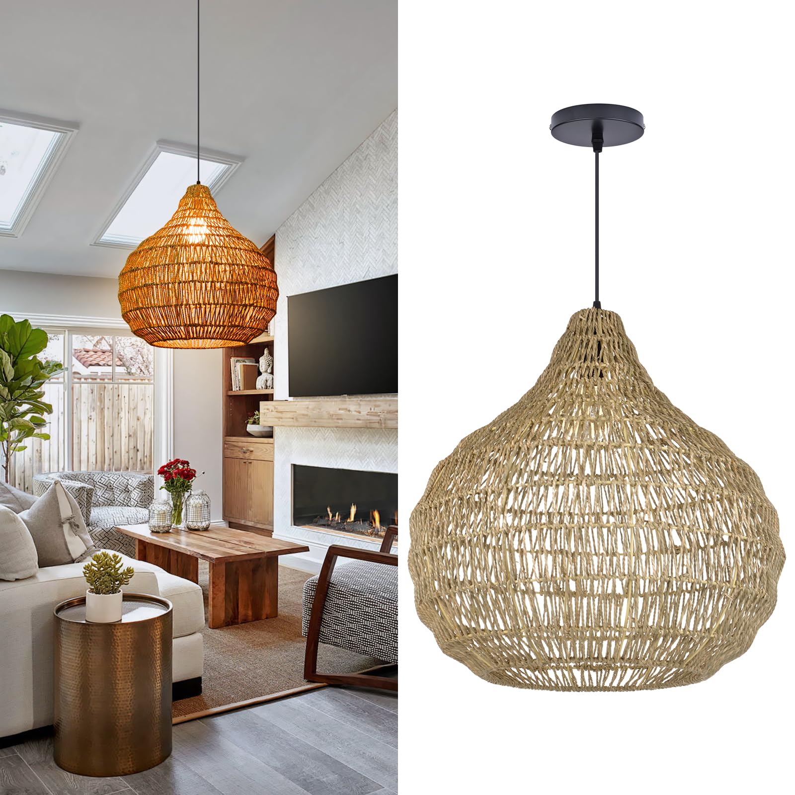 Arturesthome Rattan Pendant Lights - Natural Woven Wicker Chandelier Boho Basket Lighting Fixture for Kitchen Island, Dining Room & Bedroom | Farmhouse & Coastal Decor Hanging Lamp