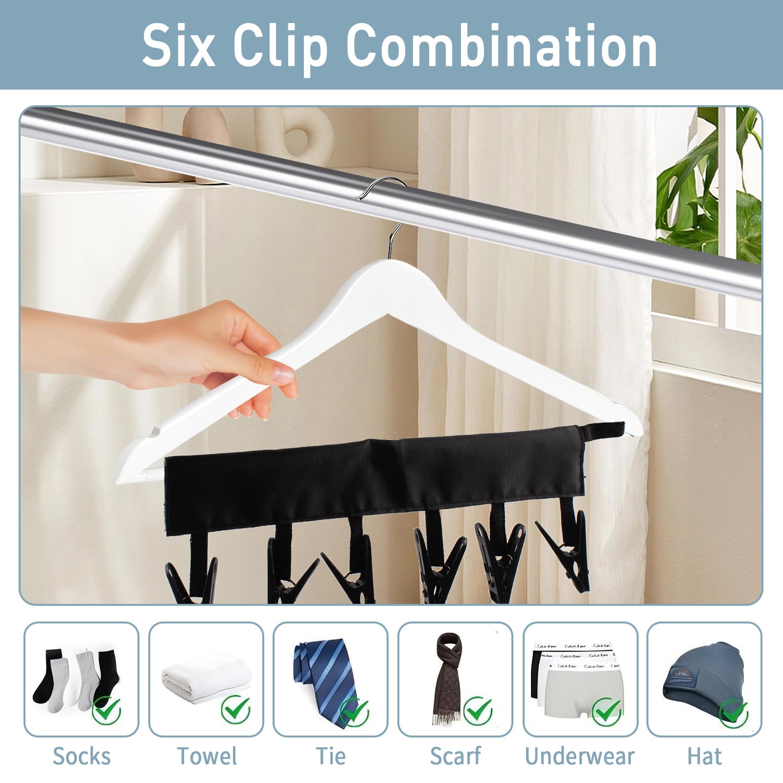 TamBee Portable Hanger Clips - 6 Clips & 3 Pack Foldable Travel Clothesline for Towels, Swimsuits, Socks | Compact Drying Rack for Camping, Hotels, Dorms & Outdoor Use (Black)