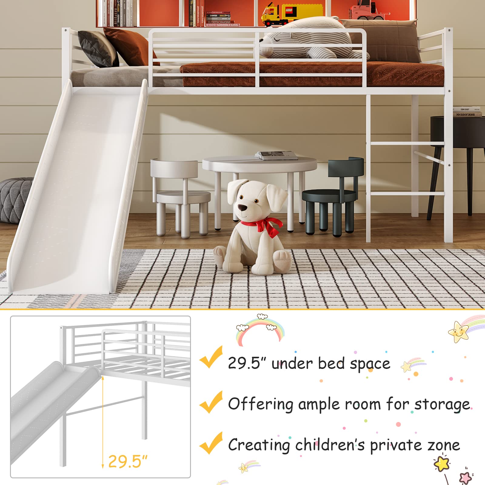 Giantex Twin Loft Bed with Slide - Sturdy Metal Low Bunk Bed with Safety Guardrails & Built-in Ladder - Kids Floor Bed Frame for Boys & Girls - No Box Spring Needed - White - Perfect for Small Bedrooms, Playrooms & Sleepovers
