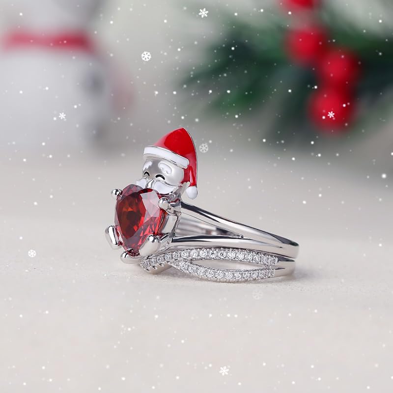 Jeulia Sterling Silver Santa Claus Heart Cut Ring Set for Women - Elegant Gift for Wife, Girlfriend, Engagement, Wedding, Anniversary, Christmas & Birthday - Comes with Jewelry Box | Perfect for Romantic Occasions, Holiday Gifting & Special Celebrations