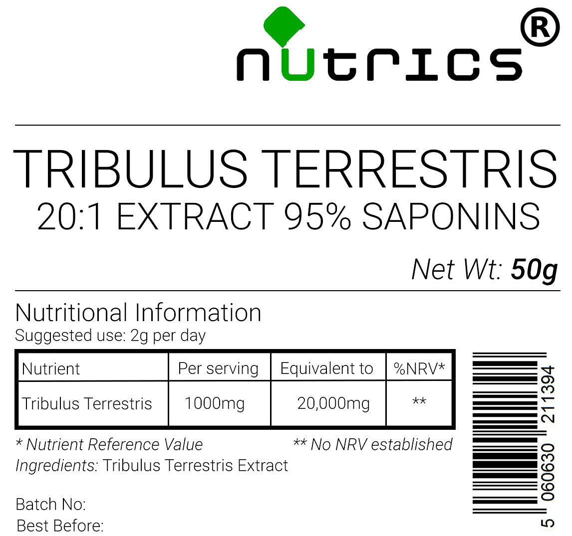 Nutrics® 100% Pure Tribulus Terrestris Extract Powder - 20:1 Concentrated, 95% Saponins, 600g - Vegan, Vegetarian, Halal & Kosher Certified - Supports Energy, Stamina & Workout Performance