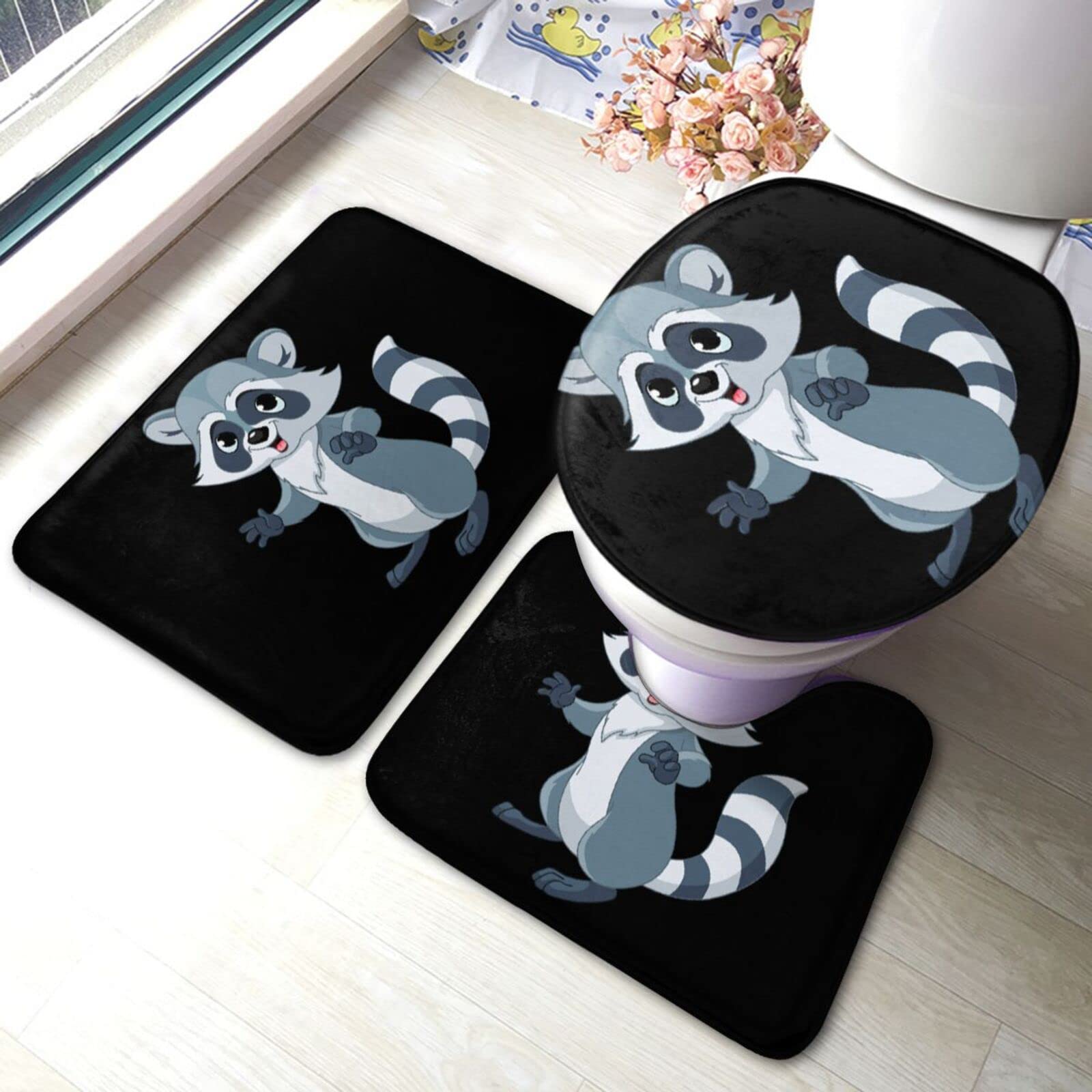 Soft & Absorbent Cute Raccoon Bathroom Rugs Set - 3 Piece Non-Slip Bath Mat for Bathroom, Toilet & Living Room - Cozy Home Decor for Kids Room, Nursery or Pet-Friendly Spaces