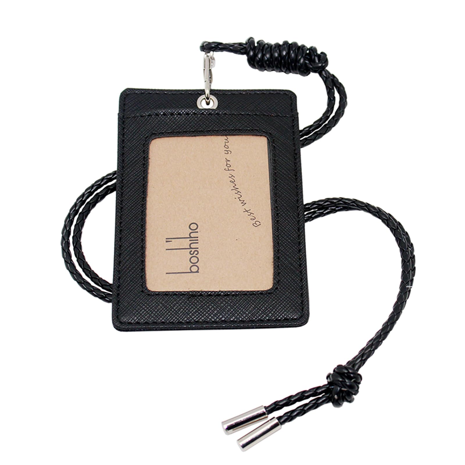Boshiho Vertical Leather ID Badge Holder with Heavy Duty Lanyard - Black | Professional Security Card Holder for Work, Events & Conferences
