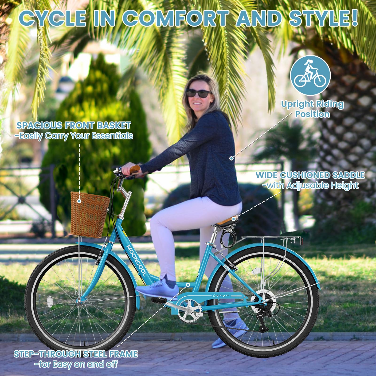 24/26 Inch Women's 7-Speed Cruiser Bike with Basket & Lock - Lightweight City Commuter Bicycle for Ladies - Perfect for Beach Rides, Daily Commuting & Leisure Cycling