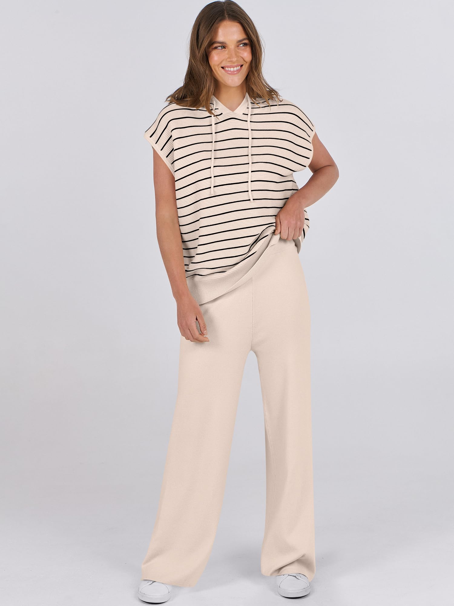 Caracilia Women's 2-Piece Outfit Set - Summer Sleeveless Tops & Knit Pants Lounge Wear - Soft Sweater Matching Sets for Casual, Home & Vacation Outfits