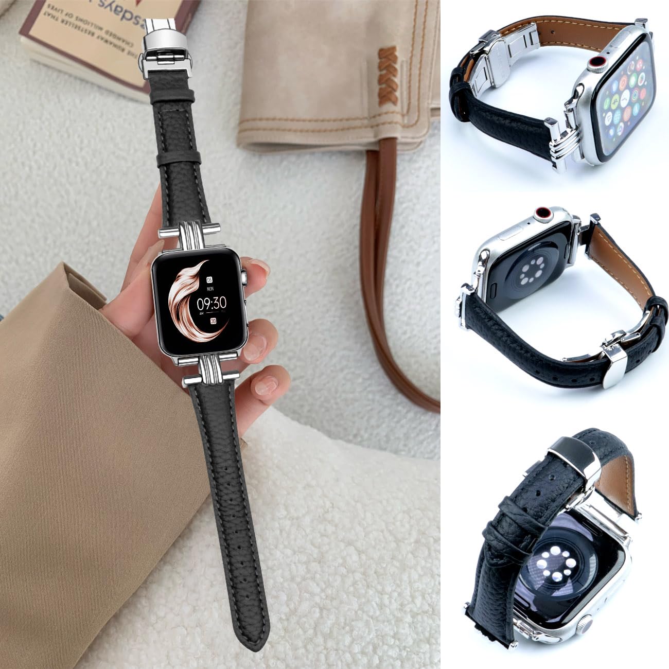 Premium Genuine Leather Watch Band with Butterfly Clasp for Apple Watch Series 1-9 (38mm/40mm/41mm/42mm/44mm/45mm/49mm) - Stylish I-Shaped Strap with Polished Metal Buckle - Perfect for Women's Fashion Accessories, Office Wear & Everyday Use