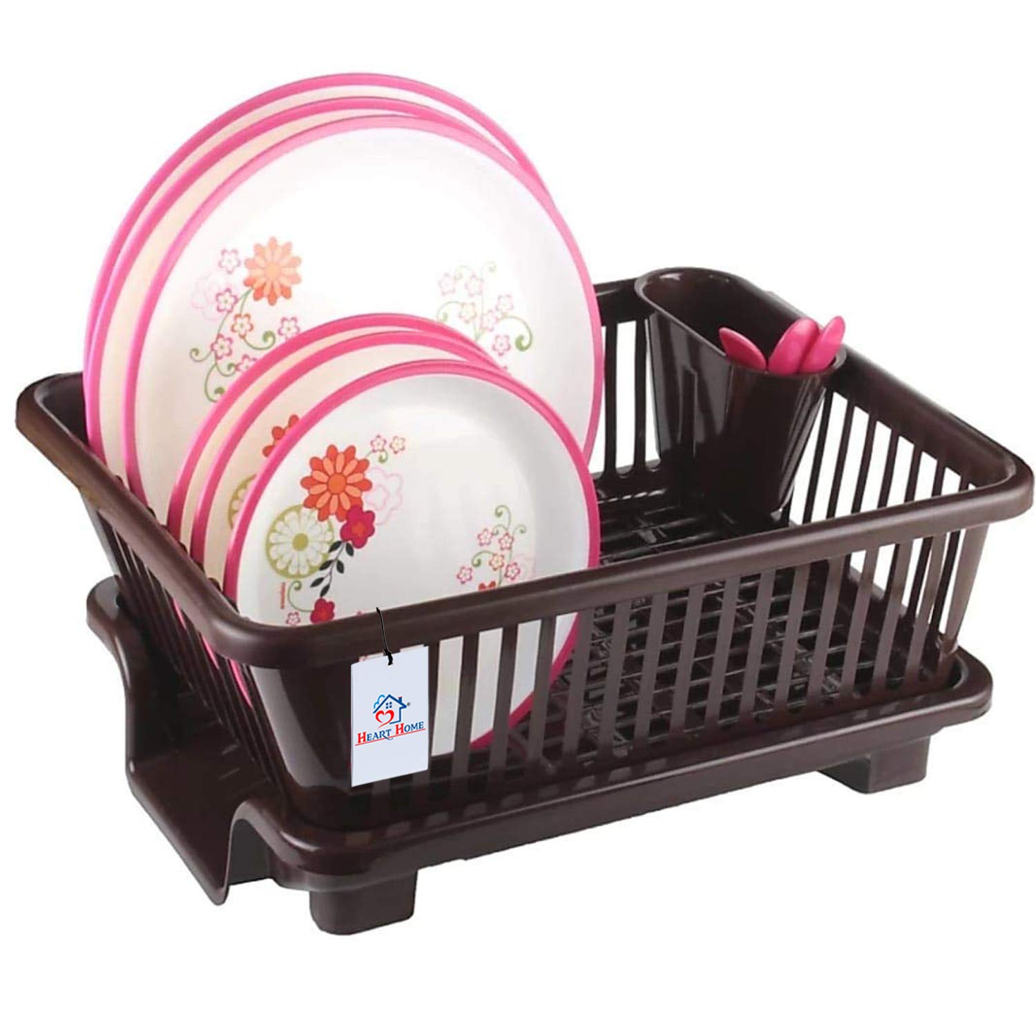 **Heart Home 3-in-1 Large Durable Plastic Kitchen Sink Dish Rack Drainer & Drying Rack with Tray – Organize Utensils, Cutlery & Dishes – Perfect for Small Kitchens, Dishwashing & Countertop Storage (Brown, HEART10737)**