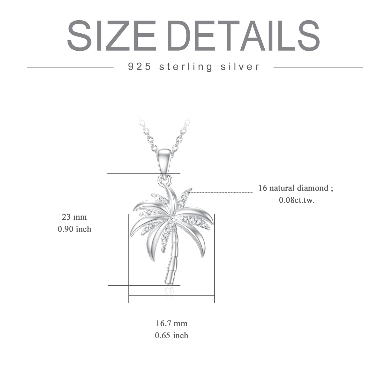 ZBA Natural Diamond Palm Tree Necklace for Women - Sterling Silver/10K/14K Solid Gold Hawaiian Pendant Necklace | Vacation Jewelry, Birthday & Christmas Gift for Her | Perfect for Beach Parties, Tropical Getaways & Summer Fashion (Color F-G, Clarity I1-I2)