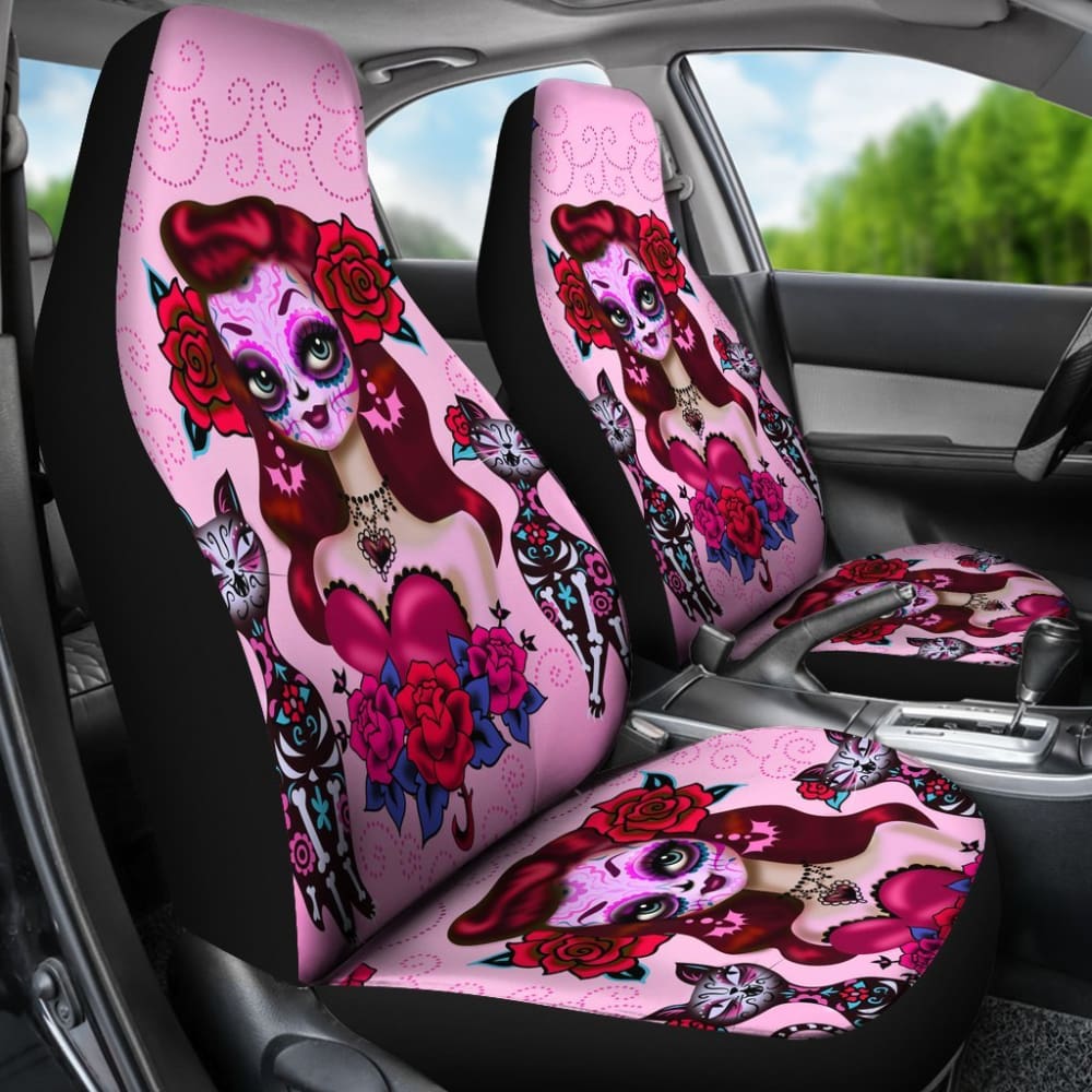2 Pcs Sugar Skull Girl Day of the Dead Car Seat Covers - Mexican Folk Art Design for Halloween, Dia de los Muertos - Perfect for Car, Truck, SUV & Home Decor