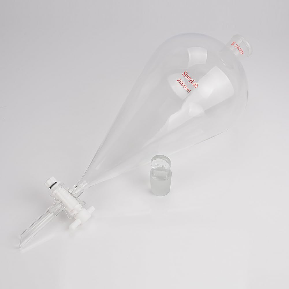 StonyLab 2L PTFE Stopcock Borosilicate Glass Heavy Wall Separatory Funnel with 24/29 Joint - Conical Pear-Shaped Lab Funnel for Chemical Separation, Liquid Extraction & Laboratory Experiments