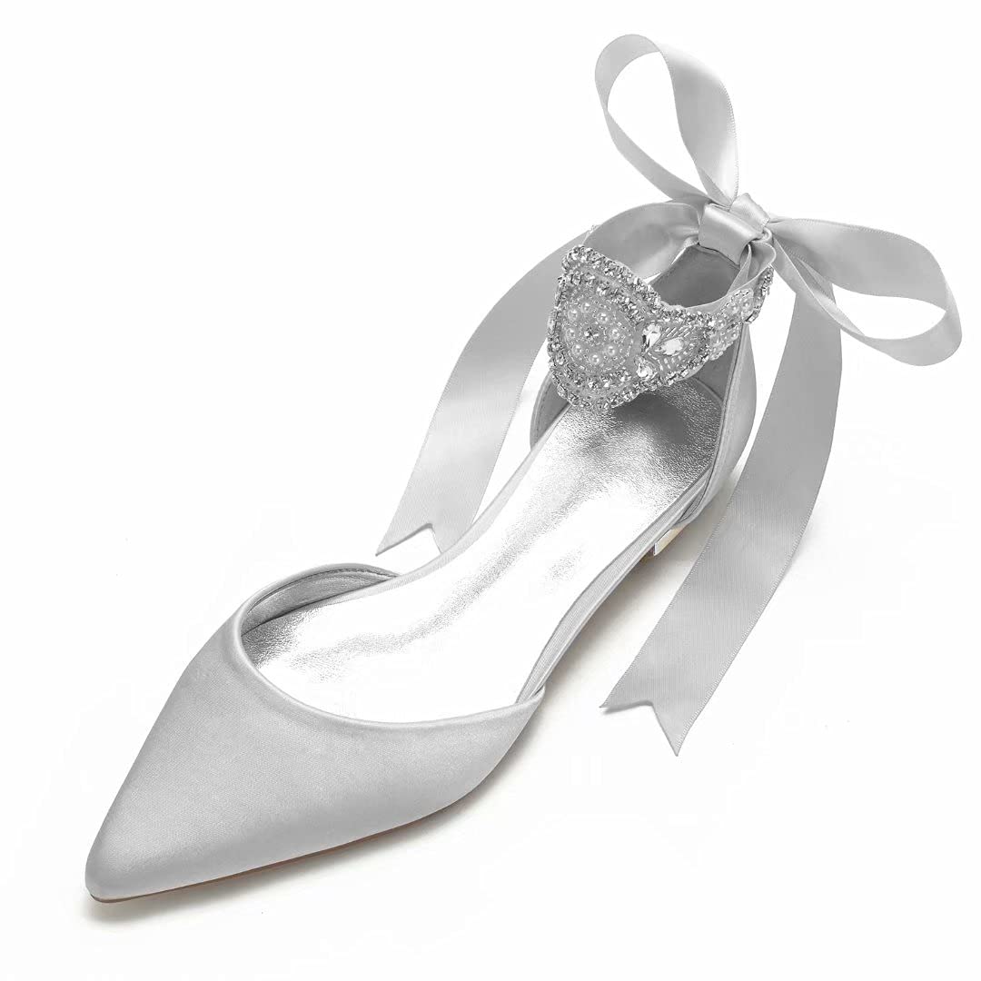 Satin Crystal Wedding Flats for Bride - Pointed Toe Ribbon Tie Party Dress Shoes - Women's Comfortable Bridal Shoes for Ceremony, Reception & Photoshoots
