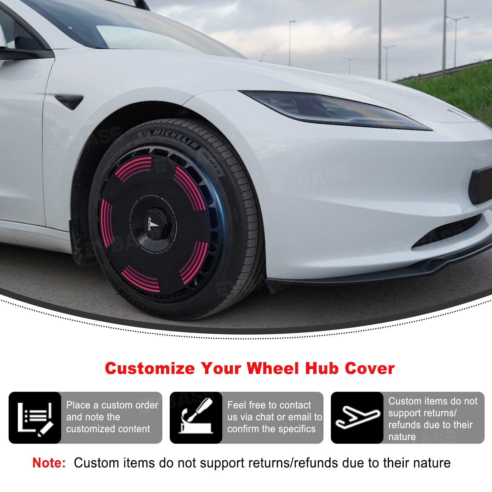 Tesla Model 3 Highland Hubcaps 18'' & 19'' Inch - Custom Graphic Full Coverage Wheel Covers Set of 4 - Premium Car Accessories for Enhanced Style & Protection - Perfect for Road Trips, Daily Commutes & Car Shows