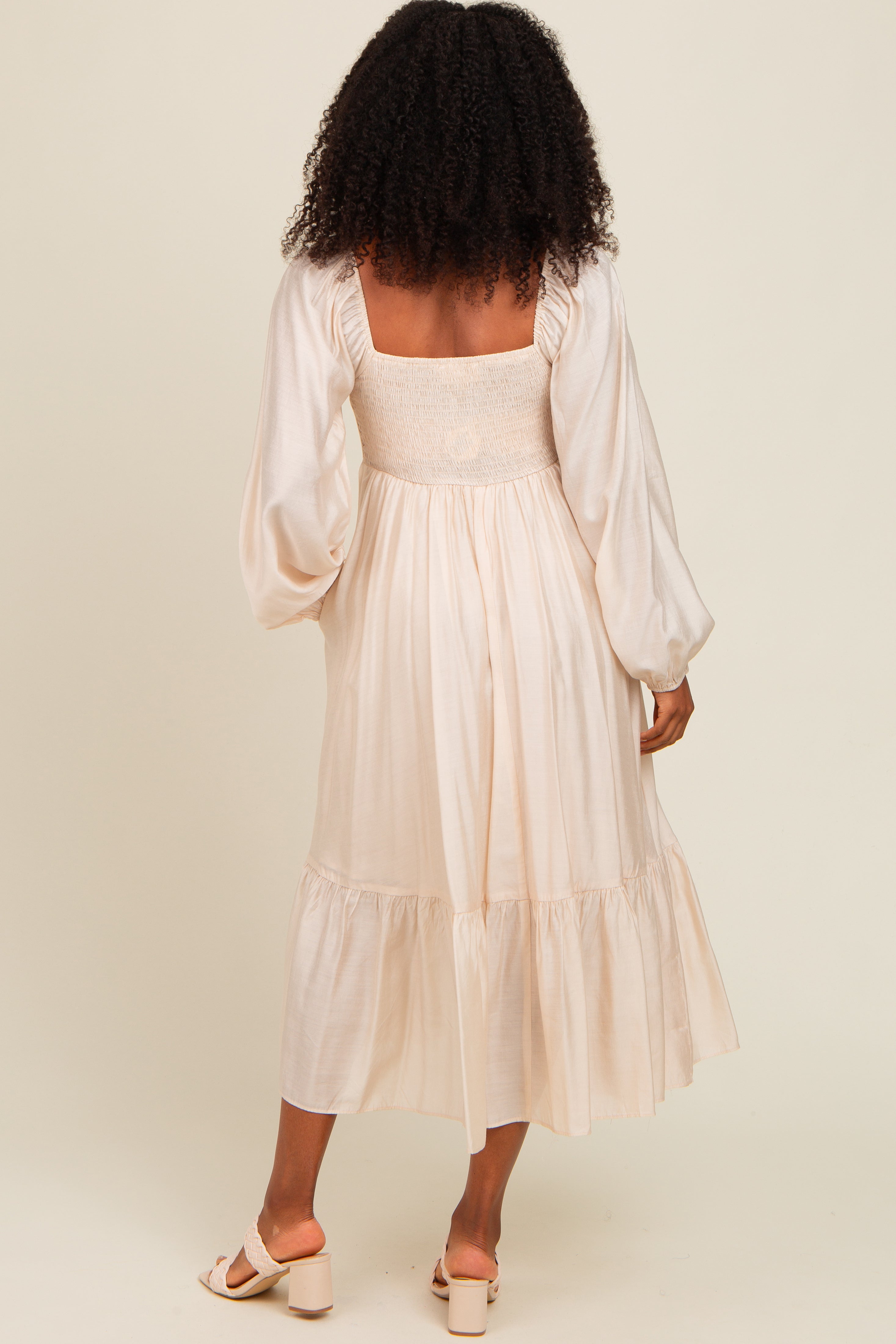 Beige Front Ruched Babydoll Midi Dress for Women - Elegant Party & Date Night Outfit - Summer Casual & Formal Occasion Wear