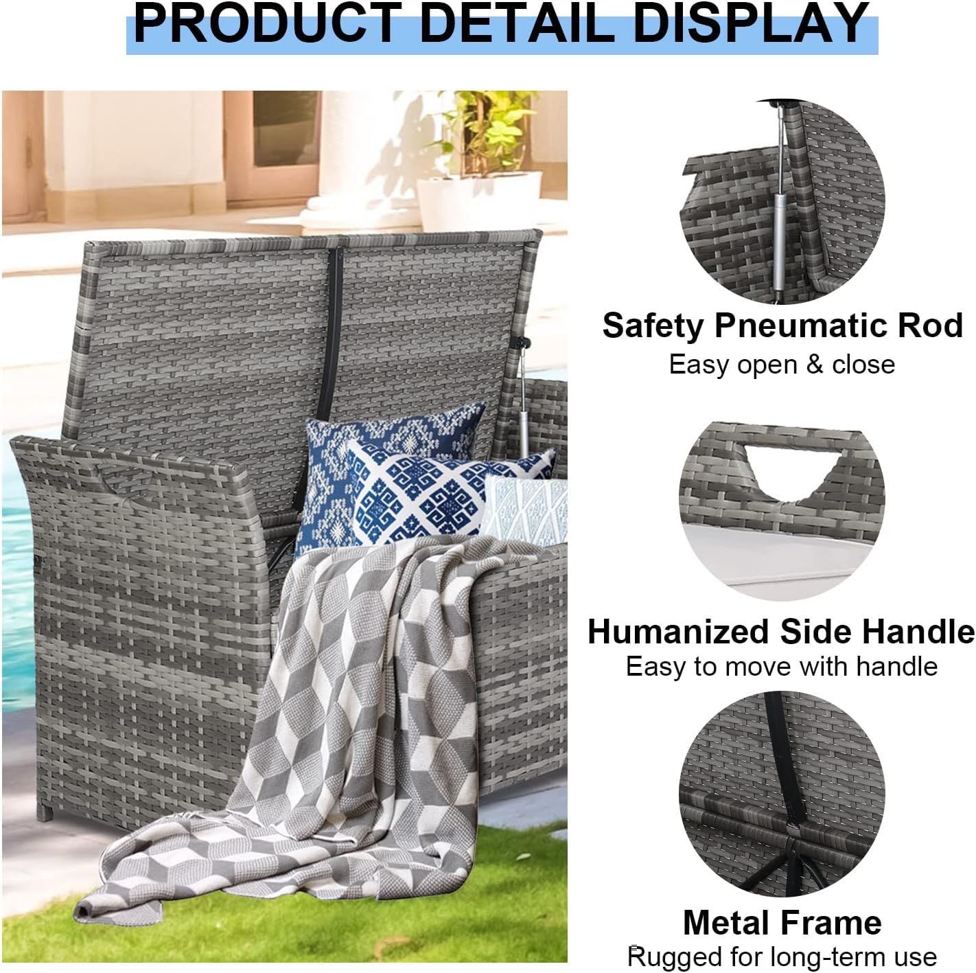 Pvillez PE Rattan Outdoor Storage Bench with Comfy Beige Seat Cushion - 33 Gallon Grey Wicker Deck Storage Box for Patio, Porch, Garden, Balcony - Perfect for Storing Yard Tools, Pool Toys & Outdoor Cushions | Weather-Resistant & Space-Saving Solution