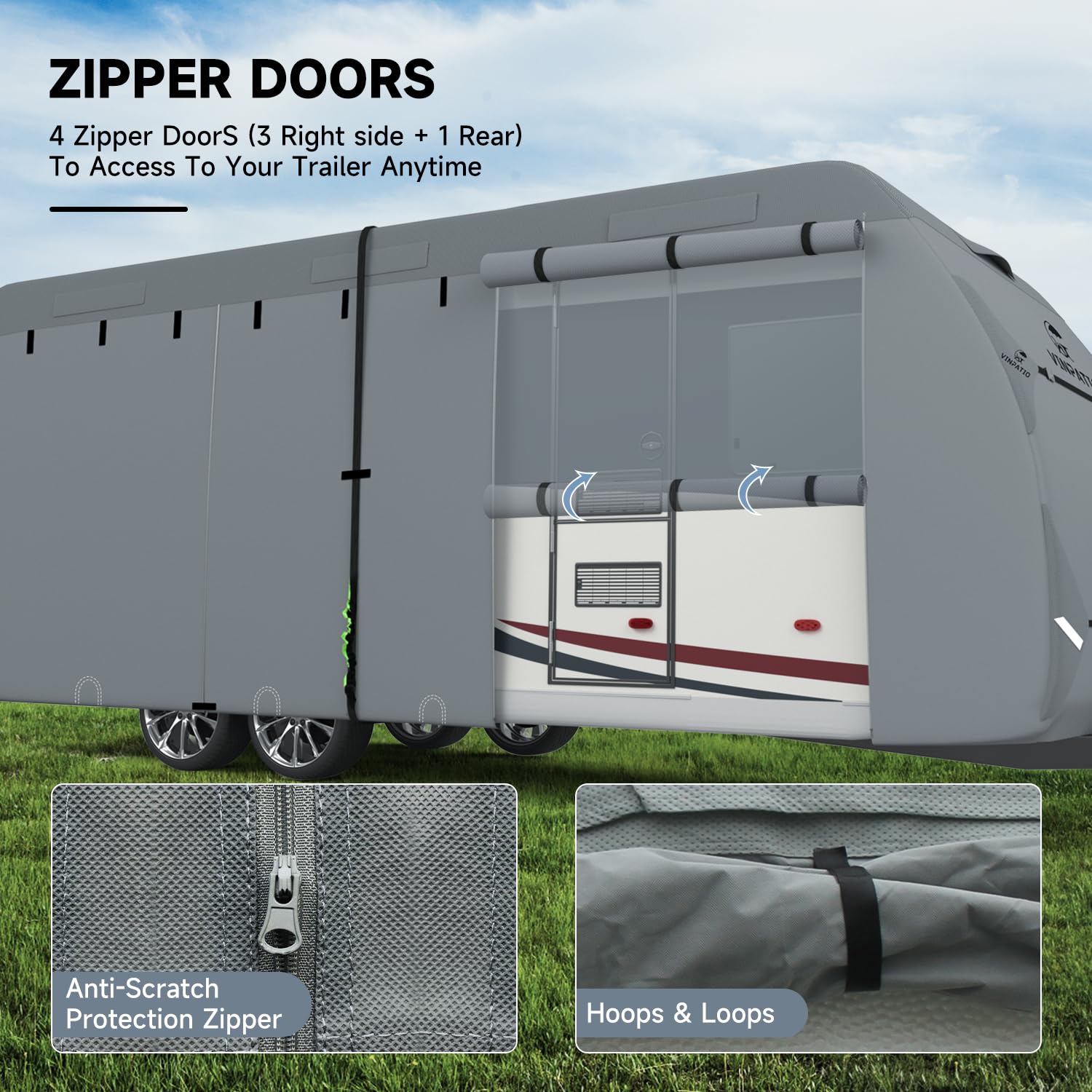 Heavy Duty 7-Layer RV Cover for 33'-35' Travel Trailers & Toy Haulers | Waterproof, Windproof Protection with Tongue Jack Cover & Extra Straps | Ideal for Outdoor Storage, Winter Protection & Long-Term Parking