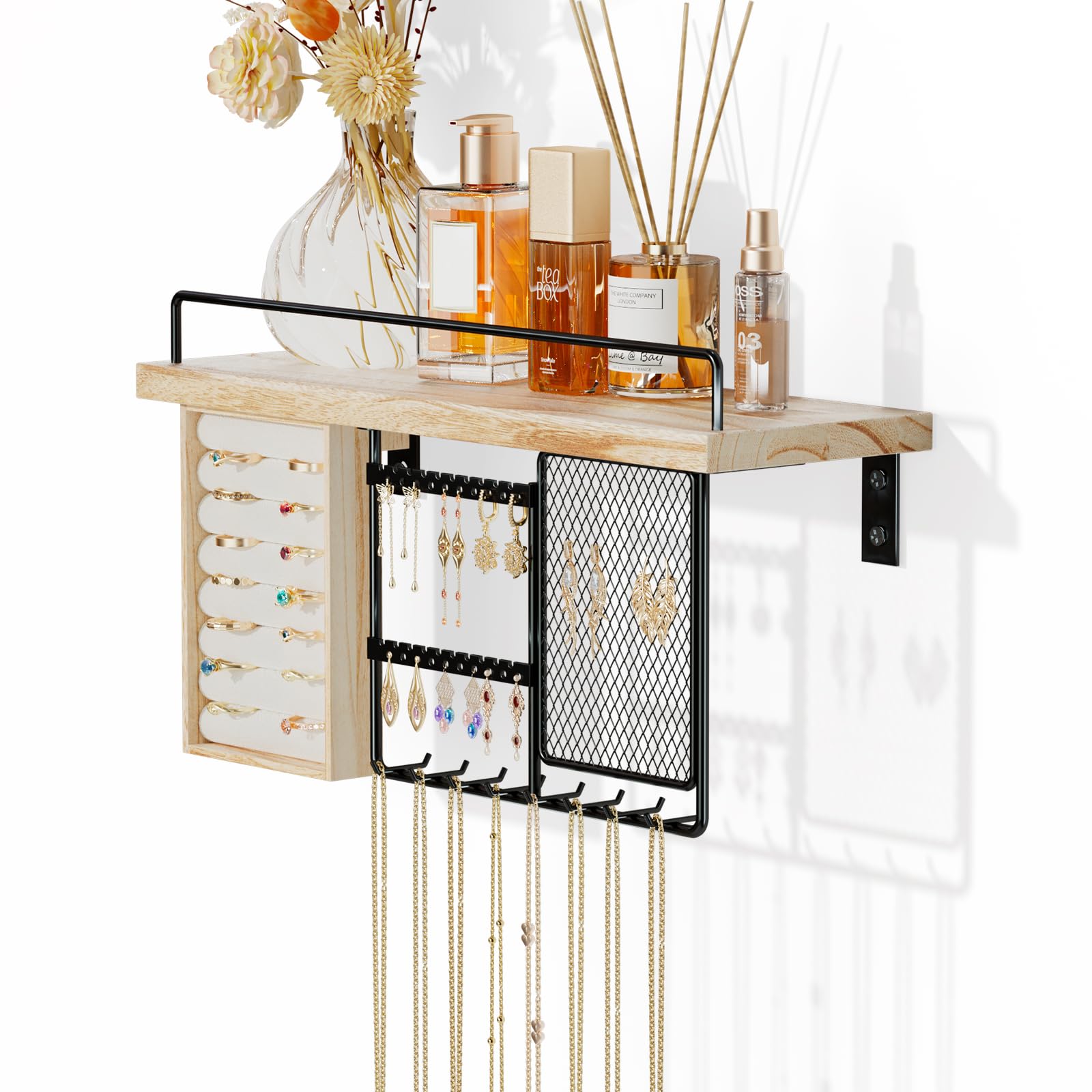 Lolalet Wall Mounted Jewelry Organizer with Wood Shelf & Hooks - Display Rings, Earrings, Bracelets & Necklaces - Space Saving Bedroom & Bathroom Storage Solution