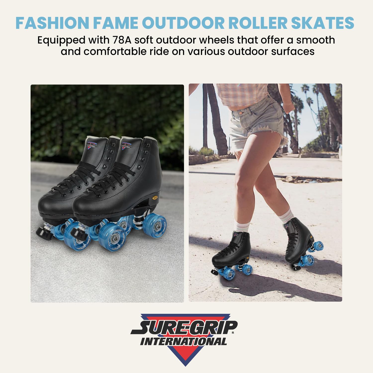 Sure Grip Fashion Fame Unisex Outdoor Roller Skates - Durable Leatherette Material, Adjustable Rubber Toe Stop, 78A Soft Outdoor Wheels & Nylon Rock Plates | Black & Blue Design for Urban Skating & Fitness