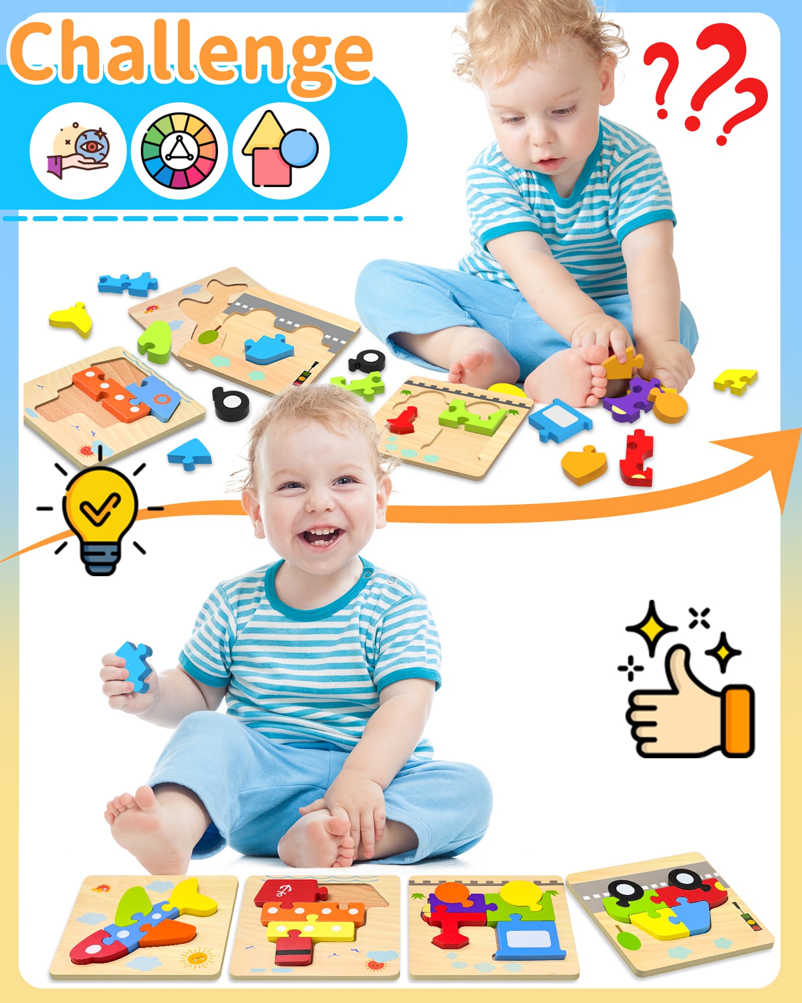 **Wooden Puzzles for Toddlers Ages 1-3 – 4 Vehicle-Shaped Learning Blocks, Montessori & Sensory Toys – Perfect Educational Gift for Boys & Girls (1-4 Years Old) – Great for Early Learning, Motor Skills & Playtime Fun**