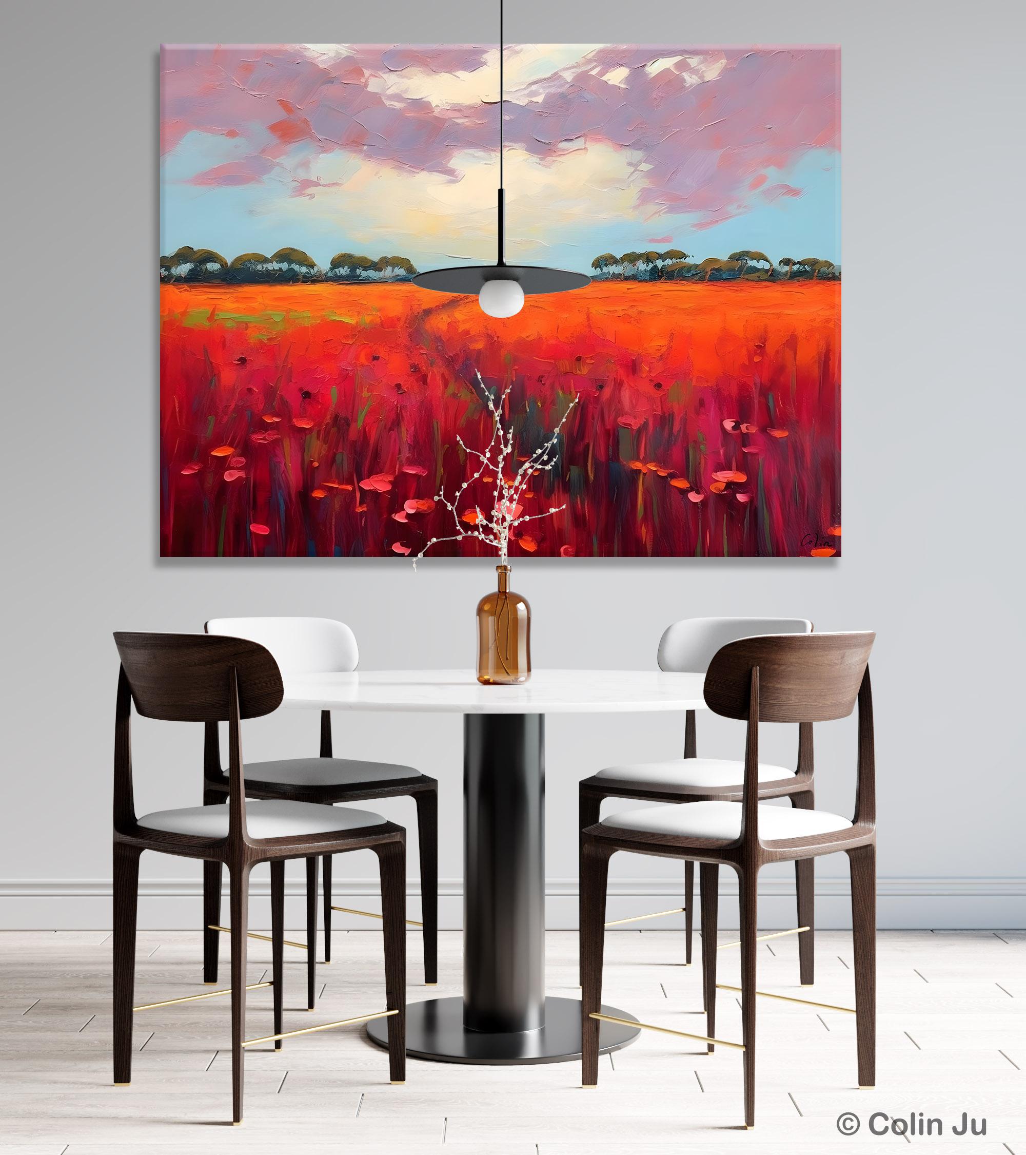 Abstract Acrylic Landscape Canvas Painting - Red Poppy Flower Field Wall Art for Living Room Decor | Modern Home & Office Wall Decor