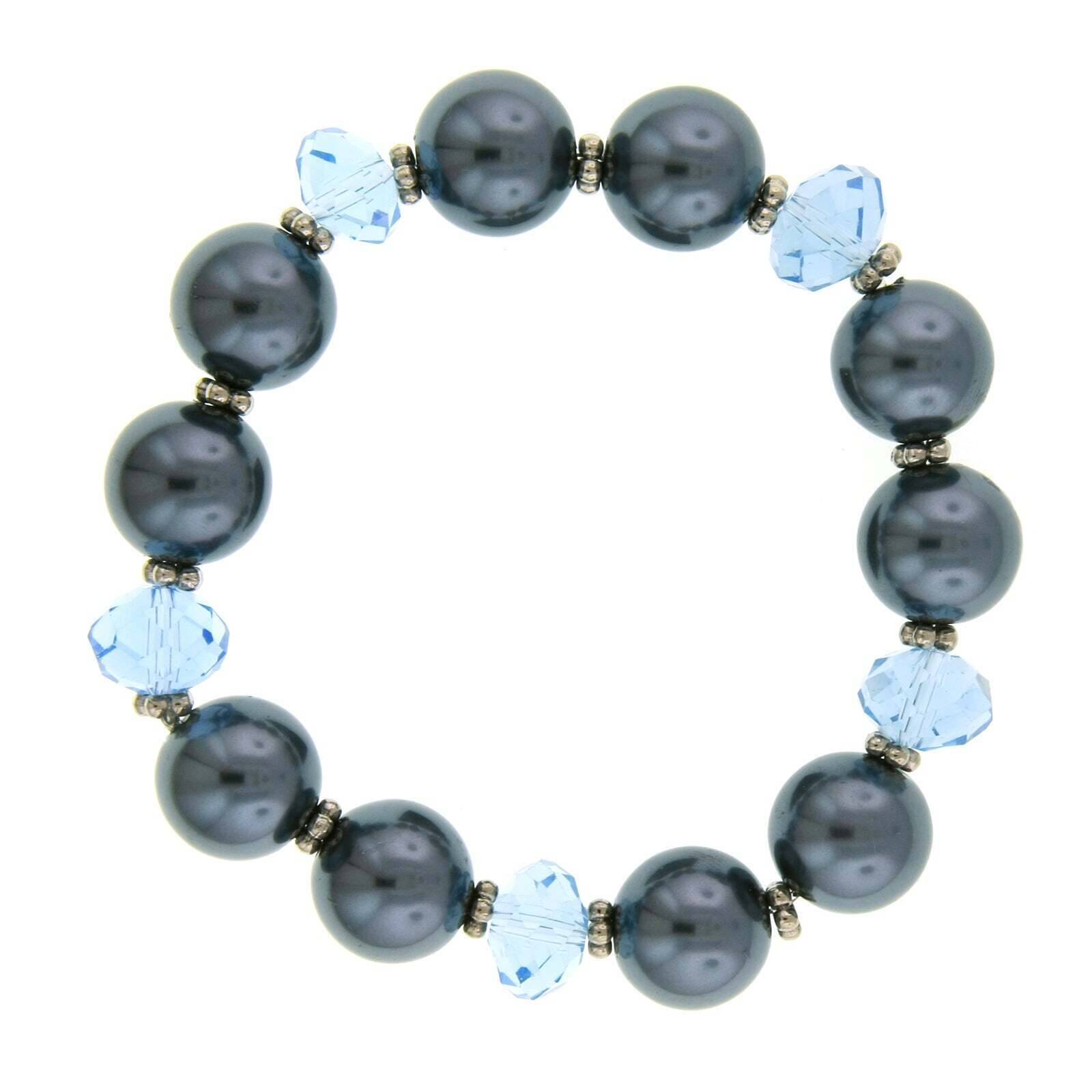 1928 Jewelry Light Blue Glass Bead Hematite Faux Pearl Stretch Bracelet for Women - Elegant Boho Chic Accessory for Parties, Weddings & Everyday Wear