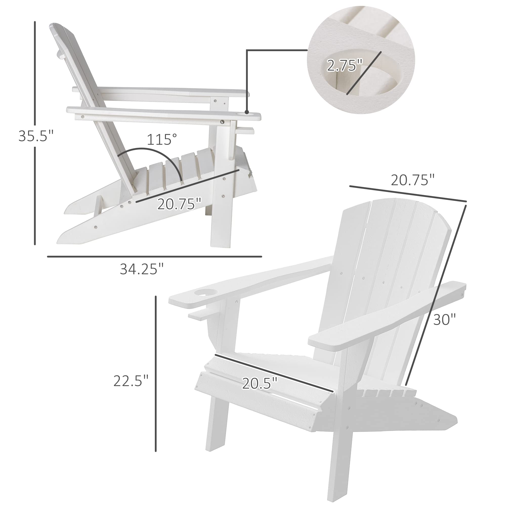 Outsunny White HDPE Adirondack Chair with Cup Holder - All-Weather Patio Lounger for Outdoor, Backyard, Garden, Deck & Lawn - Perfect for Fire Pit Seating, Relaxing & Entertaining Guests