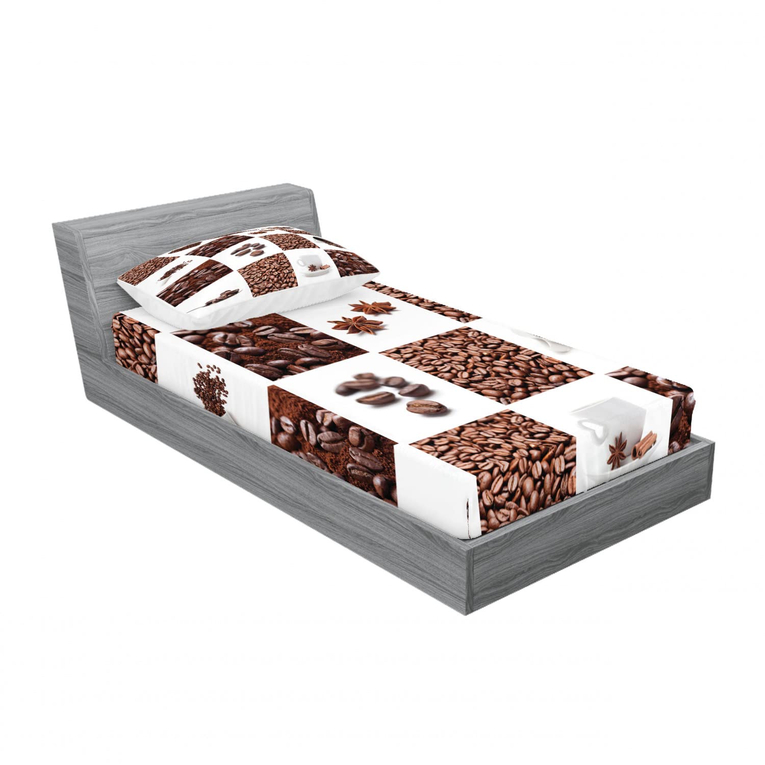 Ambesonne 2-Pack Twin Fitted Sheets & Pillow Sham Set - Roasted Coffee Beans Design, Brown & White 4-Piece Bedding Set - Perfect for Coffee Lovers' Bedroom Decor & Gift Ideas
