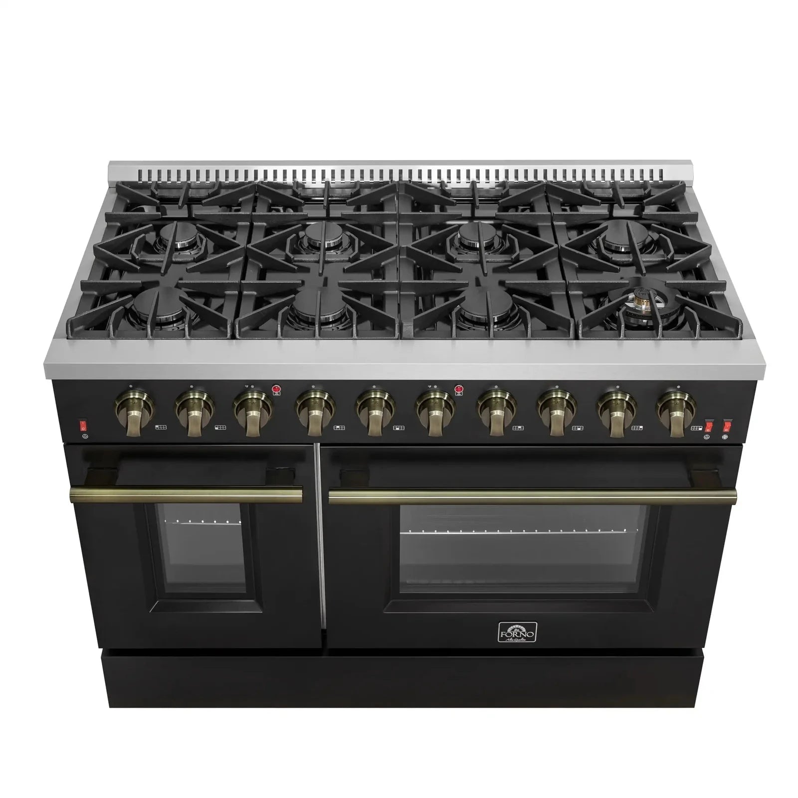 Forno Galiano 48-Inch French Door Freestanding All Gas Range - Black with Antique Brass Trim (Model FFSGS6444 48BLK) | Professional Kitchen Appliance for Home Chefs & Gourmet Cooking