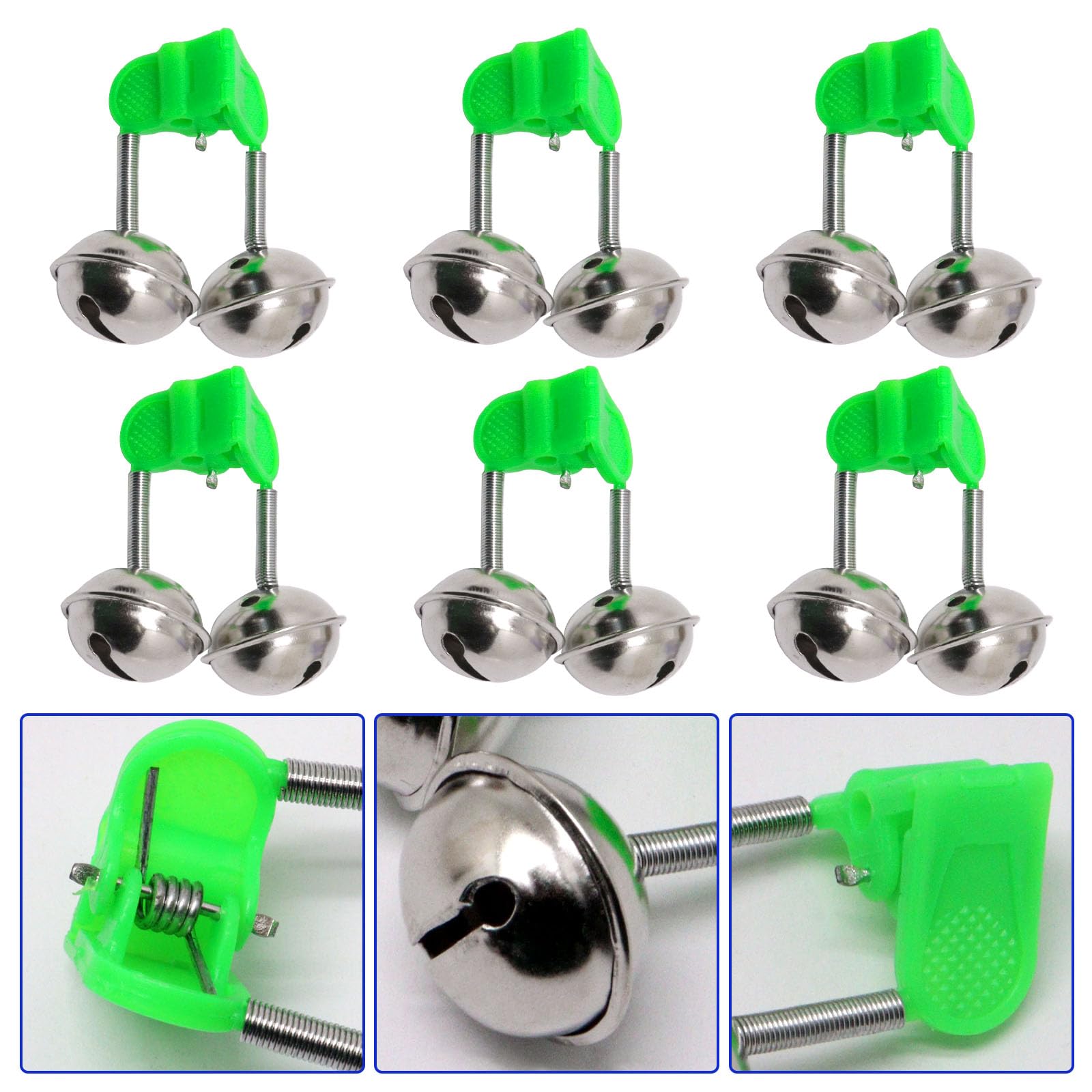 20pcs Fishing Bells with Dual Alarm - Clip on Fishing Rod Alert System for Freshwater & Saltwater Angling - Green Fishing Gear Accessories for Bass, Catfish & Trout Fishing (Great for Night Fishing & Ice Fishing)
