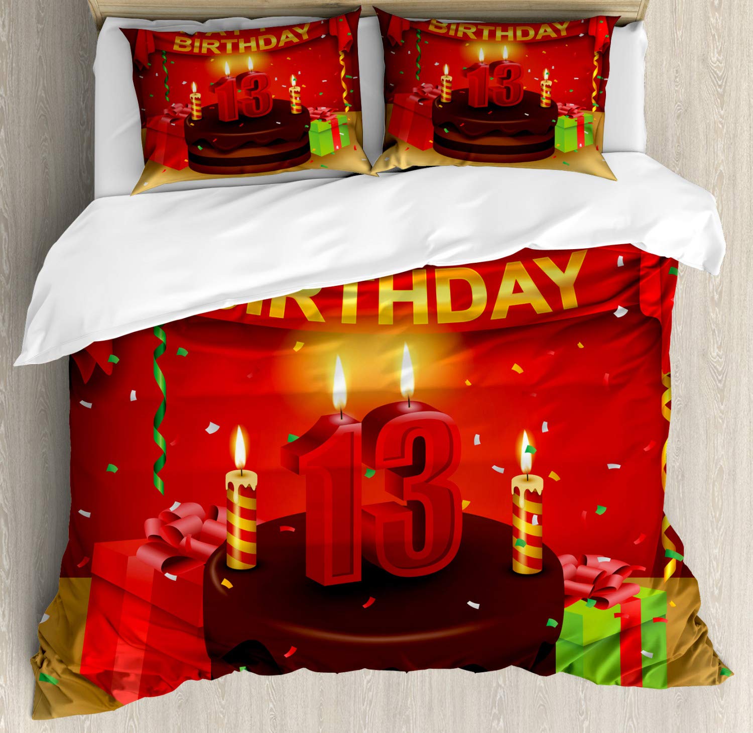 Ambesonne 13th Birthday Duvet Cover Set - Creamy Chocolate Cake with Candles, Presents & Ribbons Design - 3 Piece California King Bedding Set with 2 Pillow Shams - Perfect for Teen Bedrooms, Birthday Parties & Gift Giving