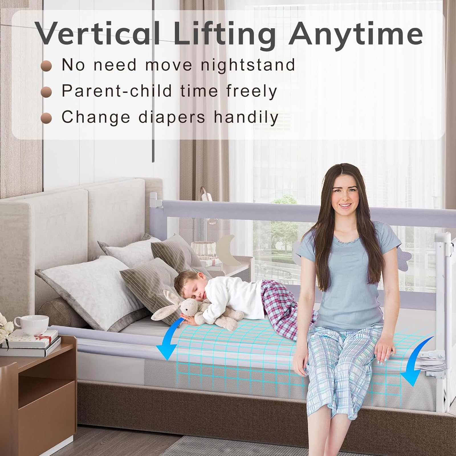 1*Baby Bed Rail with Double Child Lock - Adjustable Toddler Safety Guardrail for Queen Size Bed - Non-Slip Kids Bed Rail with Cute Patterns - Perfect for Nursery, Daycare & Home Use