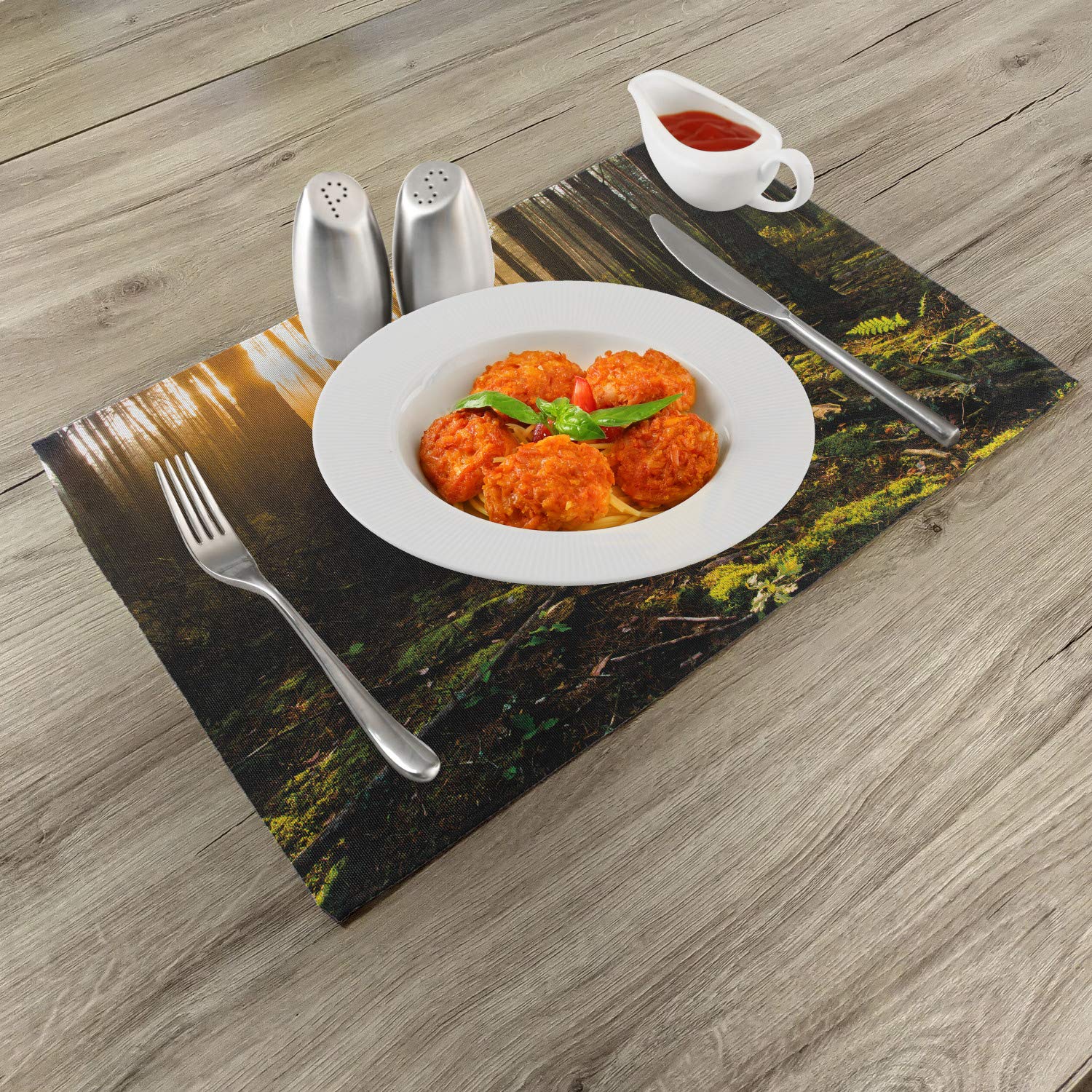 Ambesonne Nature Place Mats Set of 4 - Misty Forest Sun Rays Design, Washable Fabric Table Mats for Dining Room & Kitchen Decor in Earthy Brown & Fern Green | Perfect for Family Dinners, Holiday Gatherings & Nature-Themed Home Decor