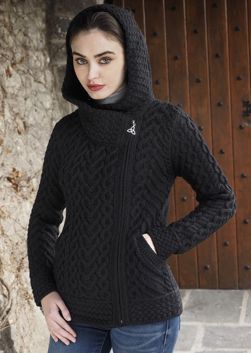 Aran Crafts Side Zip Hooded Cardigan for Women - Soft Fleece Lined Winter Jacket with Pockets | Black | Perfect for Outdoor Activities & Casual Wear