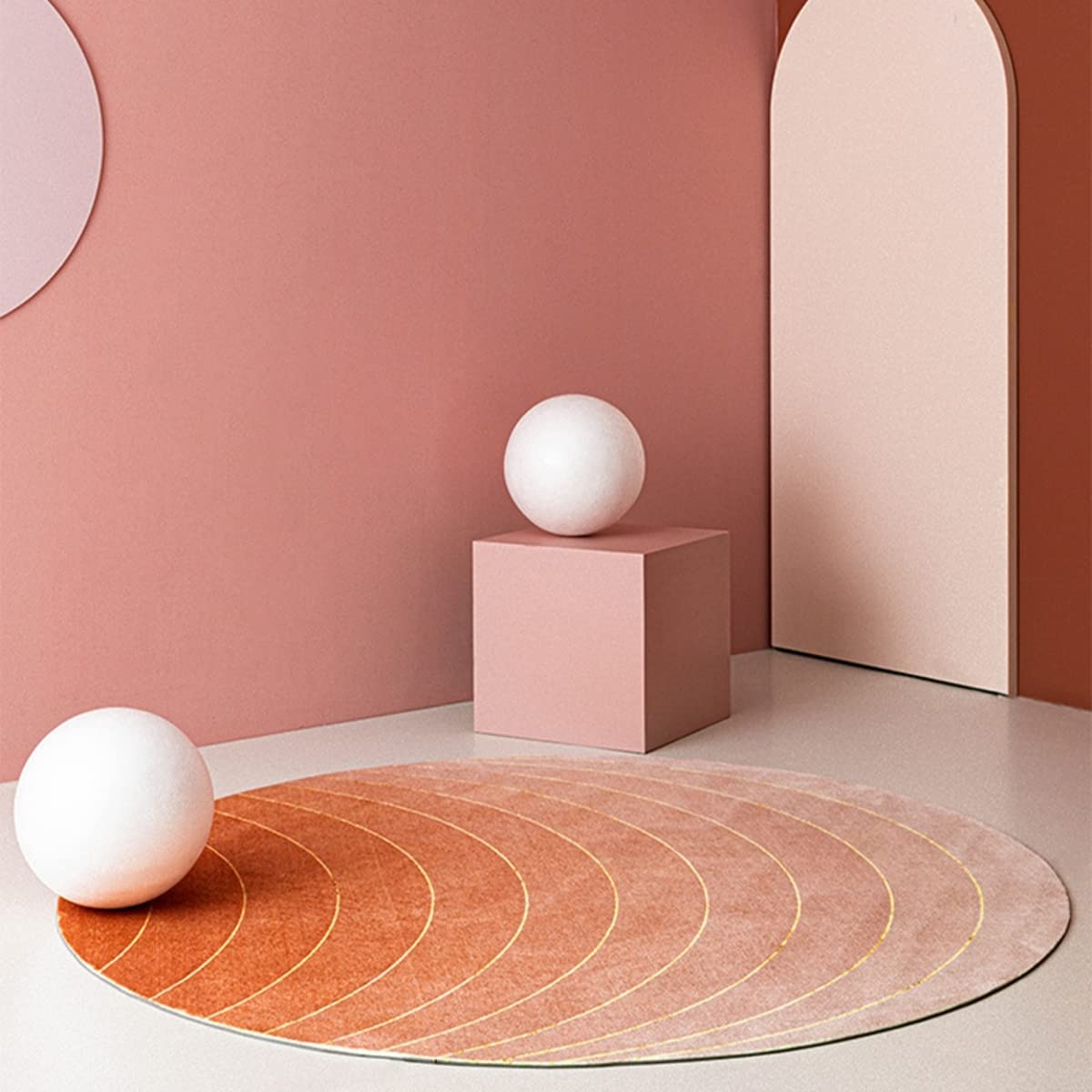 Orange Gold Round Area Rugs - Modern Abstract Striped Faux Wool Shag Plush Circle Carpet for Living Room, Bedroom, Kitchen & Playroom | Soft Large 7ft Rug for Beside Bed, Sofa & Chair | Perfect for Cozy Home Decor & Kids Play Area
