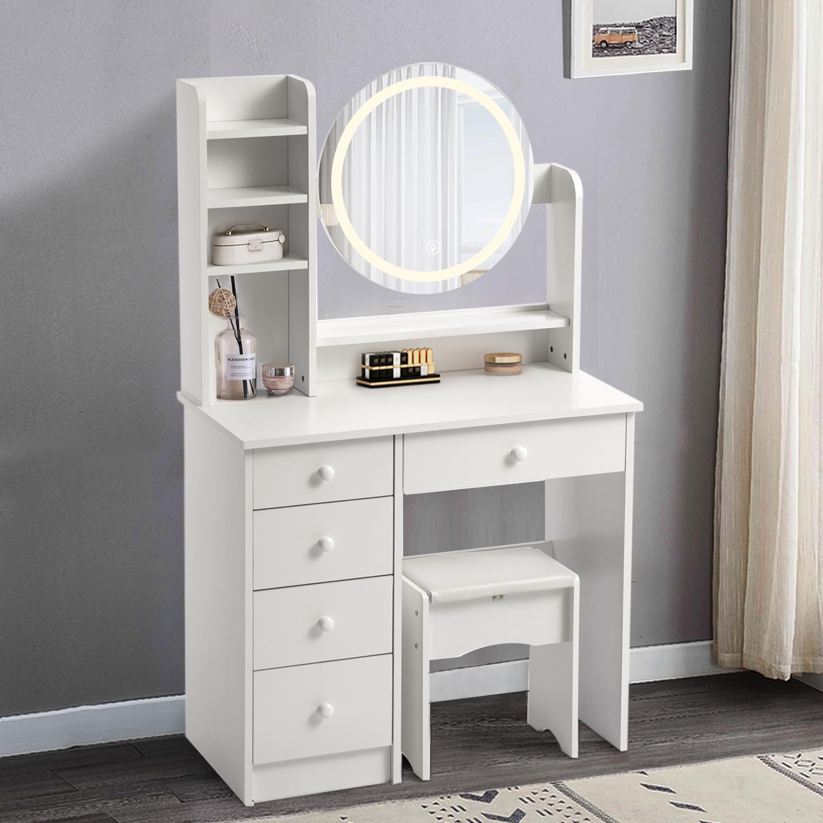 AIMEZO Small Makeup Vanity Desk with Mirror & LED Lights - Adjustable 3 Light Modes & Brightness - Vanity Table Set with Storage Drawer, Chair & 4 Shelves - Perfect for Bedroom, Dressing Room & Home Beauty Station - White