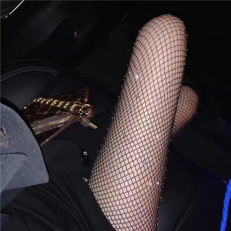 Sparkling Diamond Black Fishnet Stockings for Women - Trendy & Sexy Sheer Hollow Out Stockings - Perfect for Spring Fashion, Parties & Date Nights