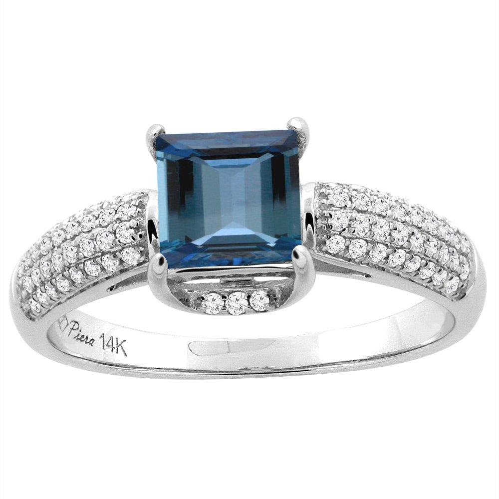 14K White Gold Natural London Blue Topaz & Diamond Engagement Ring - Square 6mm, Sizes 5-10 | Perfect for Proposals, Anniversaries & Special Occasions