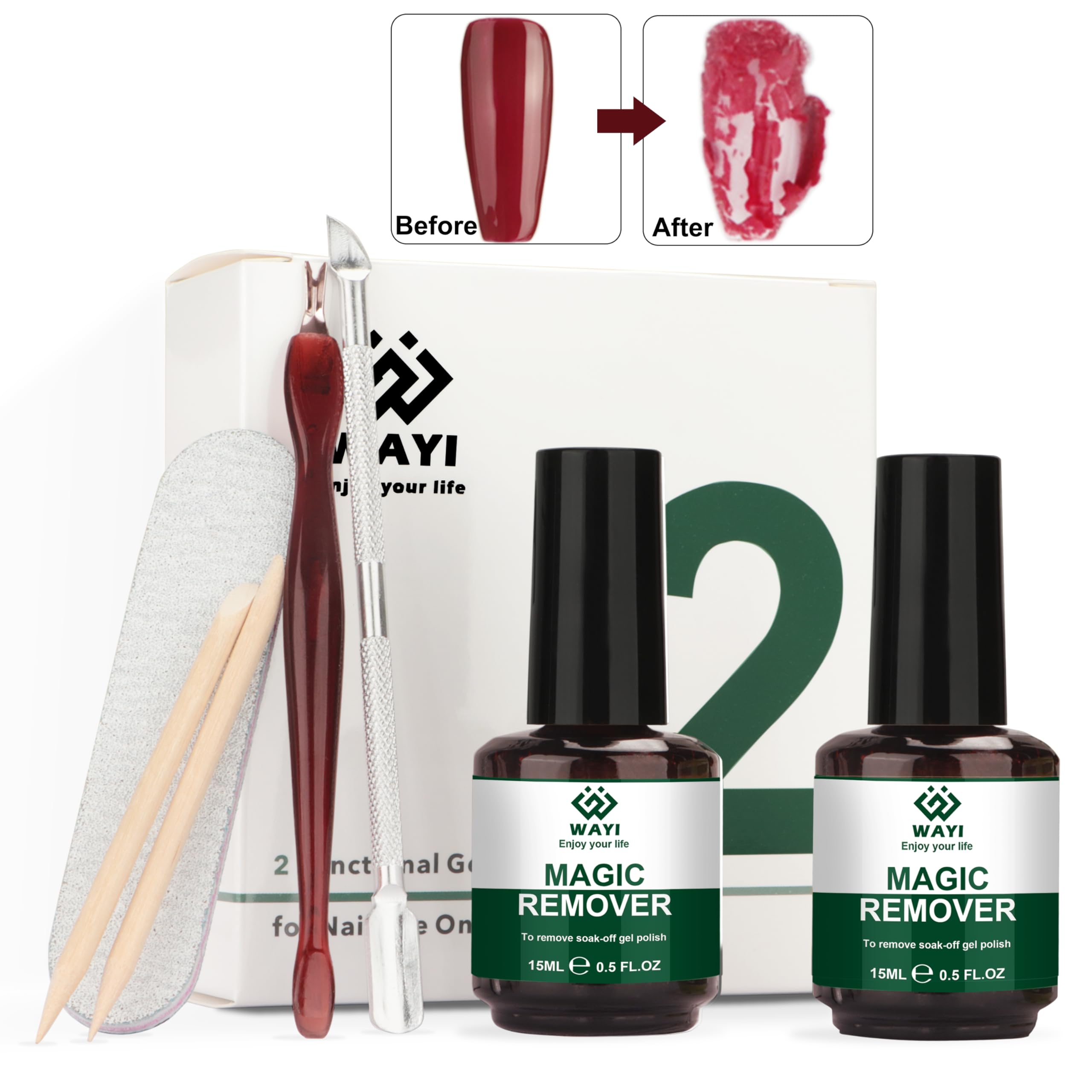 Gel Nail Polish Remover Kit - 2 Pack Fast-Acting Gel Polish Remover with Nail File, Cuticle Pusher & Wooden Sticks | No Soak Magic Gel Remover (2-5 Minutes) | Perfect for At-Home Manicures, Salon Professionals & DIY Nail Care Gifts for Women
