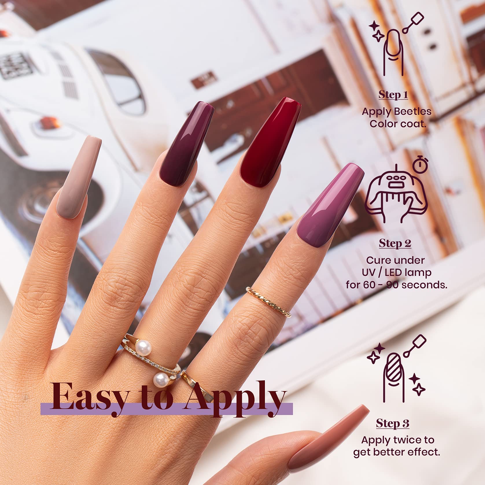 Beetles Gel Nail Polish Set - Burgundy Red Soak Off UV/LED Gel Polish Kit with Nail Art Design Tools | Perfect Gift for Women & Girls | At-Home Manicures, Salon Quality Nails, DIY Nail Art