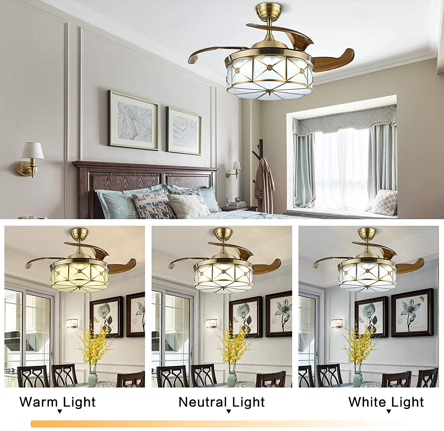 36 Inch LED Ceiling Fan with Light & Remote Control - 3 Speed Settings & 3 Color Temperatures, Retractable Blades for Bedroom, Living Room & Kitchen | Modern Floral Design for Home Cooling & Ambient Lighting