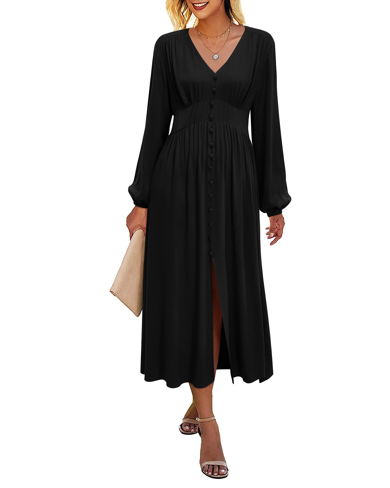 Newshows Women's Casual Long Sleeve Maxi Dress - V Neck Button Up Split Wedding Guest Midi Dresses for Party, Date Night & Special Occasions