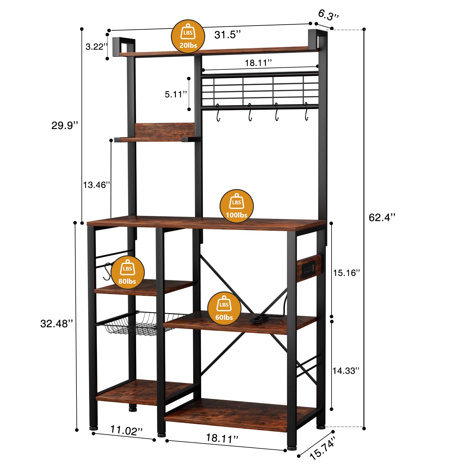 5-Tier Bakers Rack with Power Outlets - Microwave Stand with 10 S-Hooks, Coffee Bar & Kitchen Organizer with Wire Basket, 62.4
