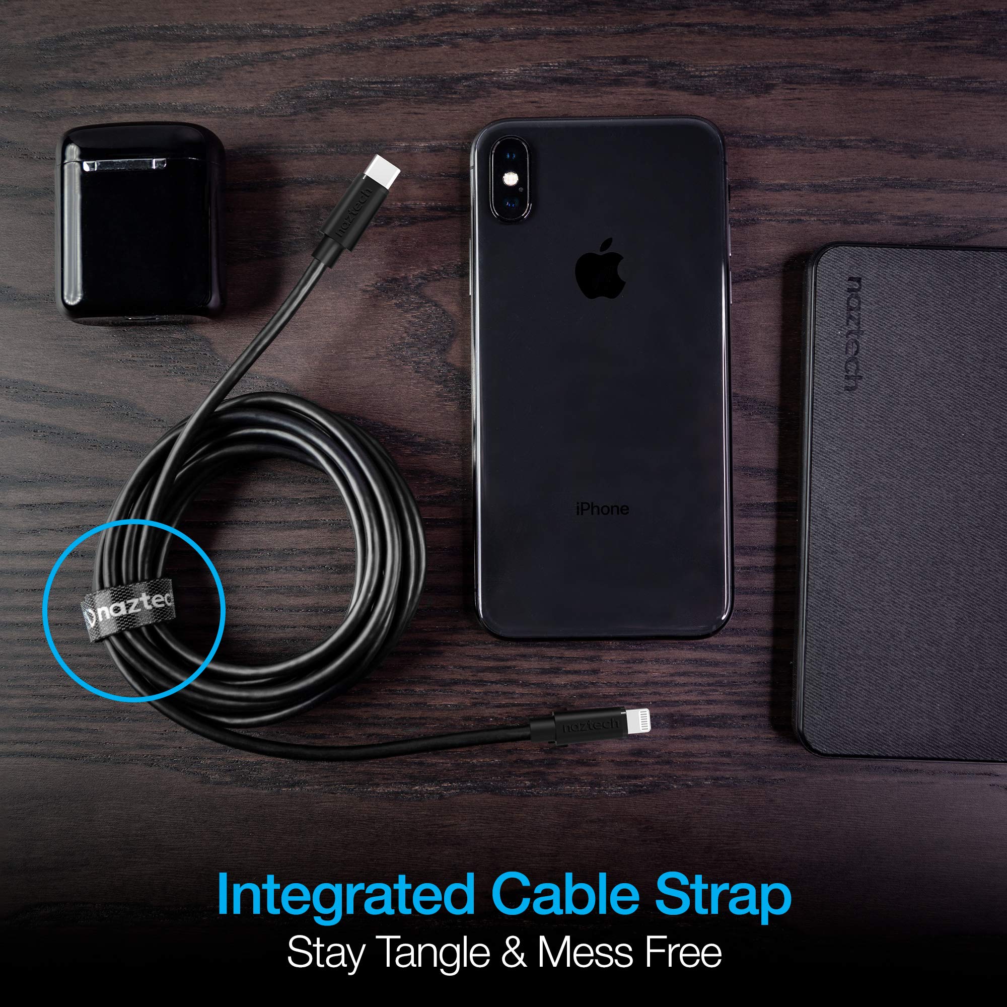 Naztech MFi Certified Lightning Cable - 12ft Fast Charging USB-C to Lightning Cable for iPhone 14/13/12/11/X/8, iPad - Durable & Rounded Design - Super Fast Charging Cord - Black - Perfect for Home, Office, Car & Travel Use