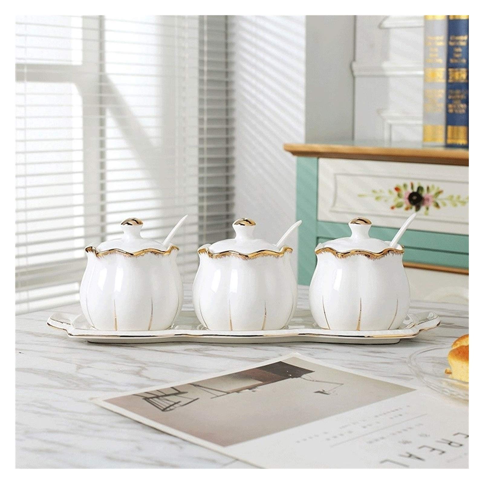 Ceramic Spice Jar Set with Serving Spoons - 6-Piece Seasoning Box & Condiment Cruet Bottles for Kitchen Organization | Perfect for Cooking, Baking & Meal Prep