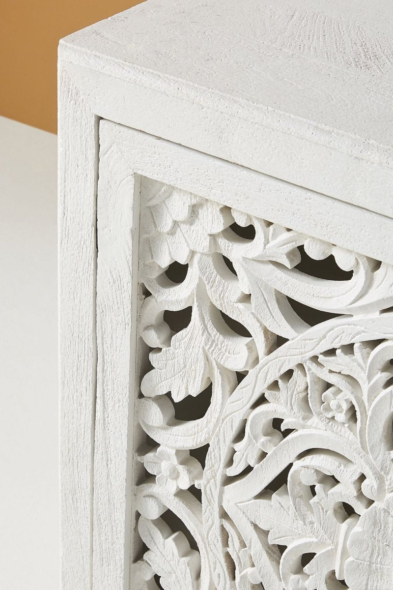 Hand Carved White Lombok Entryway Cabinet - Handmade Wooden Storage Unit with 3 Shelves | Solid Teak Wood Hallway Organizer for Shoes, Keys & Decor | Perfect for Entryway, Foyer & Living Room Storage