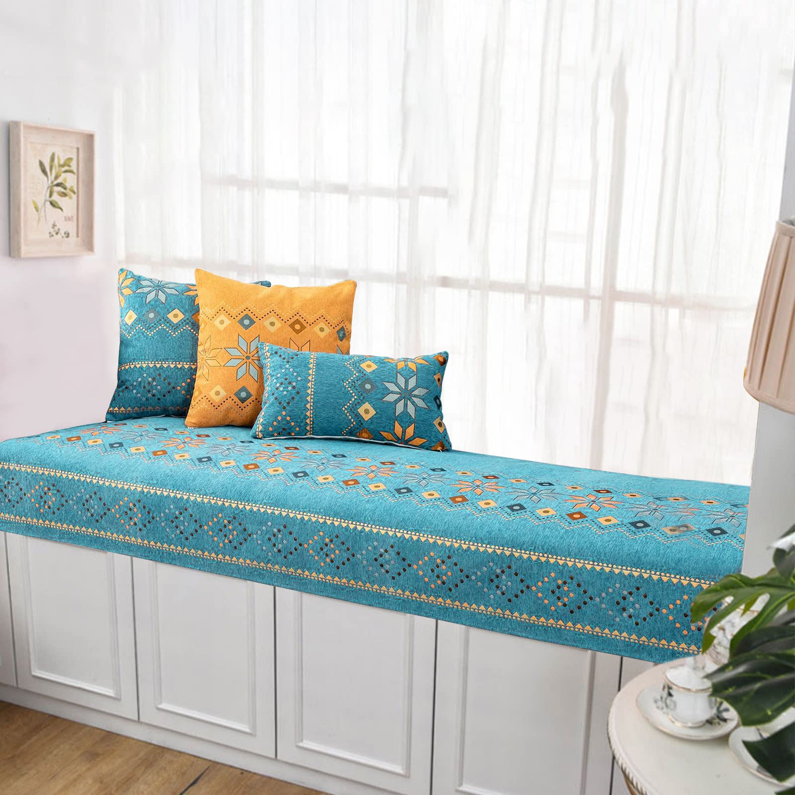 Boho Bay Window Cushion - Non-Slip Chenille Window Seat Pad for Indoor Sofa Decor, Bohemian Style Bay Window Mat for Home, Bedroom & Living Room | Perfect for Reading Nooks, Cozy Window Seats & Boho Home Decor